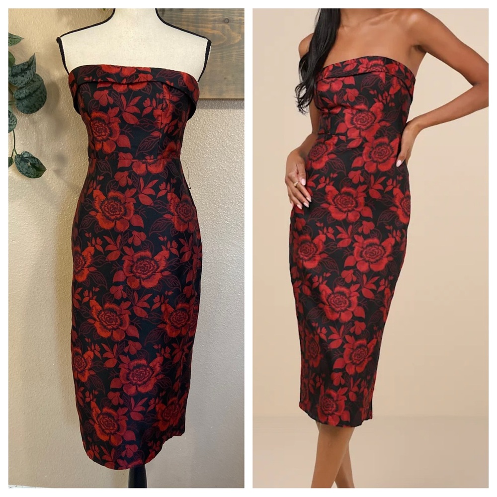 NWOT Lulus Polished Muse Black and Red Jacquard Strapless Midi Dress